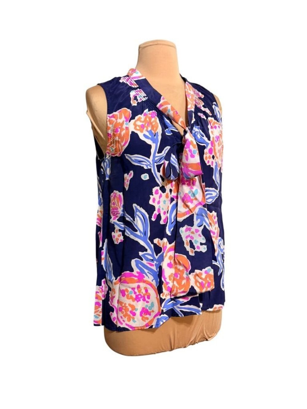 Lilly Pulitzer Tie Neck Top Blouse Small Blue Multi Floral Silk Sleeveless EUC